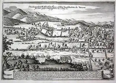 1680 Sasbach Baden Schlacht battle Plan Ansicht Kupferstich antique print Merian