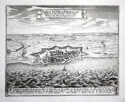 1680 Helsingborg Sverige Sweden battle Plan map Kupferstich antique print Merian