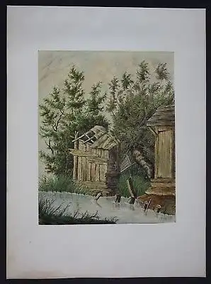 1840 - Hütte Scheune Fluss Bäume watercolor Aquarell Biedermeier