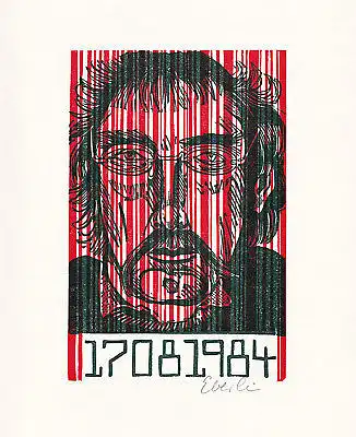 1984 Klaus Eberlein Zweifarben-Originallinolschnitt zum Orwell-Jahr signiert
