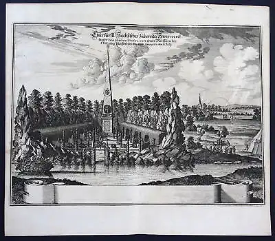 1703 Pleißenburg Leipzig Feuerwerk Ansicht view Kupferstich antique print Merian