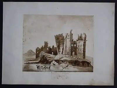 1840 - Caerphilly Castle Watercolor Wales Aquarell drawing Biedermeier