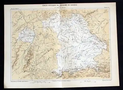 1880 - Physikalische Karte von Bayern Lithographie Bavaria map carte
