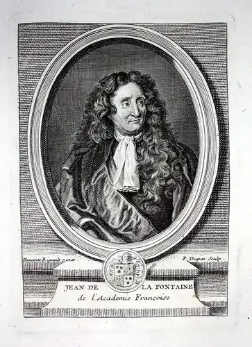 18. Jh. Jean de La Fontaine ecrivain gravure Kupferstich Portrait engraving