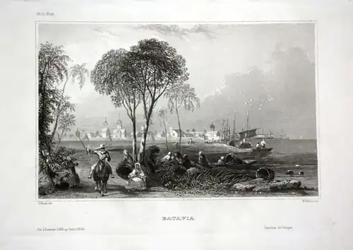 Ca. 1840 Batavia Ansicht view Hafen port Stahlstich engraving
