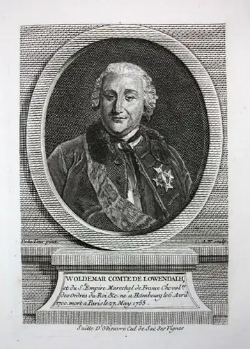 18. Jh. Ulrich Friedrich Woldemar Graf Löwendal Feldherr Kupferstich Portrait