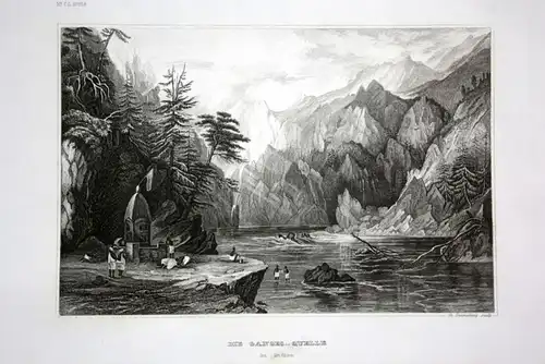Ca. 1840 Ganges Quelle Indien India Ansicht view Stahlstich engraving