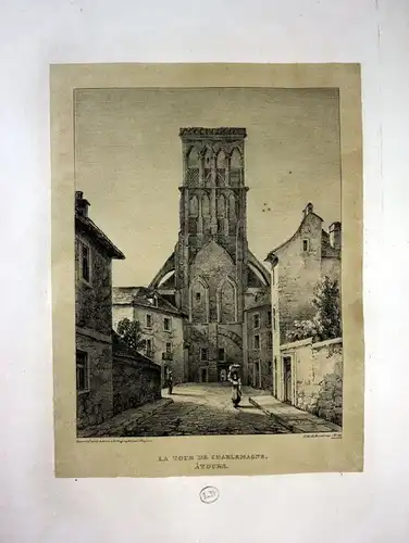 1829 Tour Charlemagne basilique Basilika Tours Lithographie Litho Dagnan