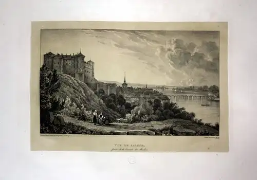 1829 Chateau Saumur Anischt vue view France Loire Lithographie Litho Dagnan