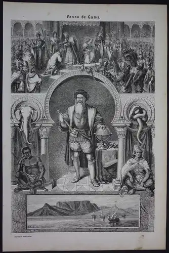 1875 Vasco da Gama explorer Portrait Holzschnitt antique print