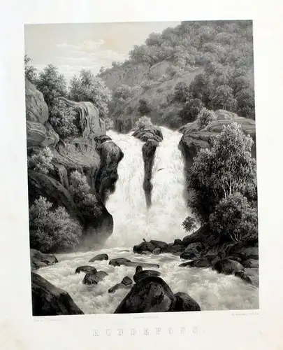 1850 - Hunderfossen Waterfall near Lillehammer Norway Lithographie Norwegen