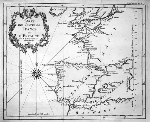 Ca. 1750 France Espana Spain Portugal carte map Kupferstich antique print Bellin