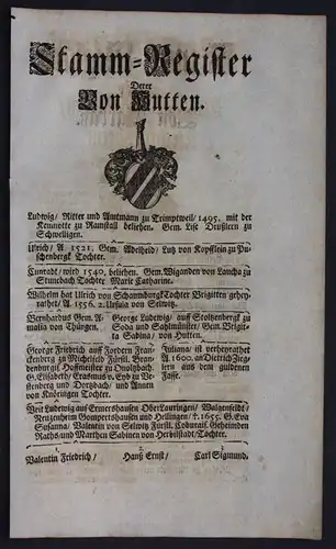 1720 - Hutten Harrass Harras Ahnentafel Stammbaum Genealogie Wappen family tree