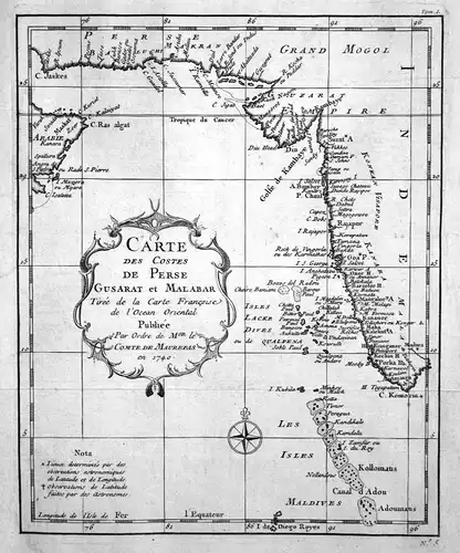 1740 Iran Pakistan Malediven Karte map Kupferstich antique print Bellin