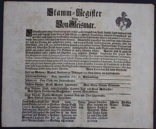 1720 - Geismar Ahnentafel Stammbaum Genealogie Wappen family tree coat of arms