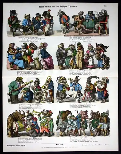 1890 Lustige Tierweilt Tiere Karikatur Humor Münchener Bilderbogen