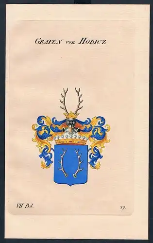 1830 Grafen von Hodicz Wappen Kupferstich Genealogie Heraldik coat of arms