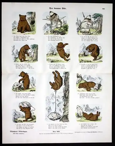 1890 Der dumme Bär Braunbär bear Jagd Münchener Bilderbogen Bildergeschichte