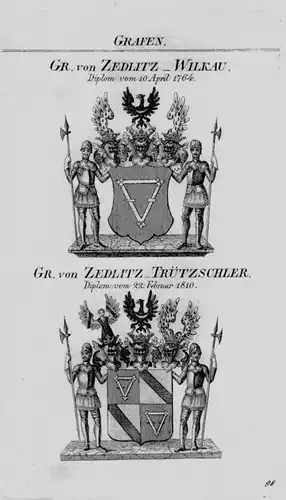 1820 Zedlitz Wilkau Trützscher Wappen coat of arms heraldry Heraldik Kupferstich