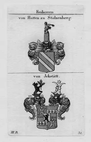 1820- Hutten Stolzenberg Jckstätt Wappen Adel coat of arms heraldry Kupferstich