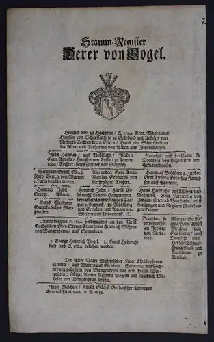 1720 - Vogel Thüringen Ahnentafel Stammbaum Genealogie Wappen family tree crest