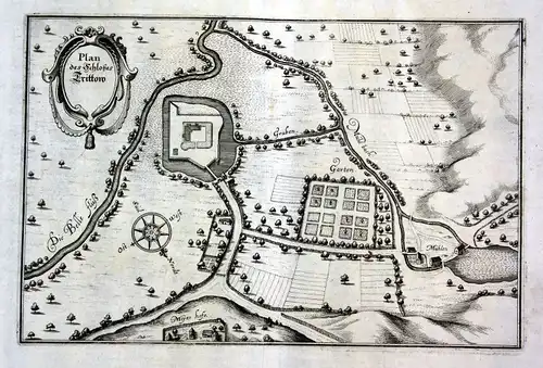 Ca. 1645 Trittau Schloss Plan Karte Ansicht Kupferstich antique print Merian