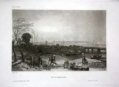 Ca. 1840 Manchester Ansicht Panorama England view Stahlstich engraving