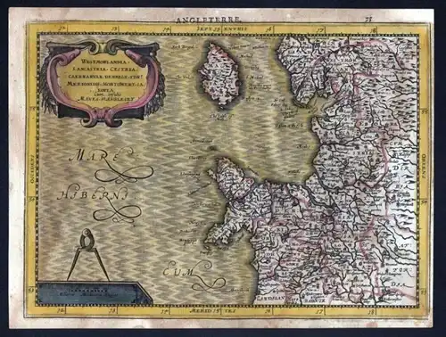 1630 North West England Wales Isle of Man Mercator map Karte Kupferstich