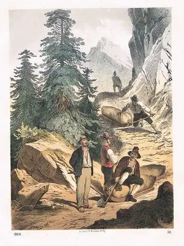 1869 - Schlittenrutsche Alpen Berge Gebirge Bauern Lithographie lithography