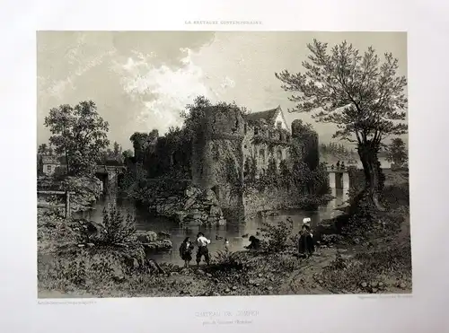 1870 Chateau de Comper Concoret Bretagne France estampe Lithographie lithograph