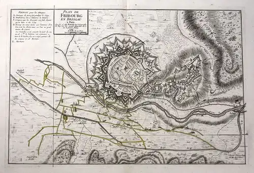 1744 Freiburg im Breisgau Schlacht battle Karte map Kupferstich antique Le Rouge