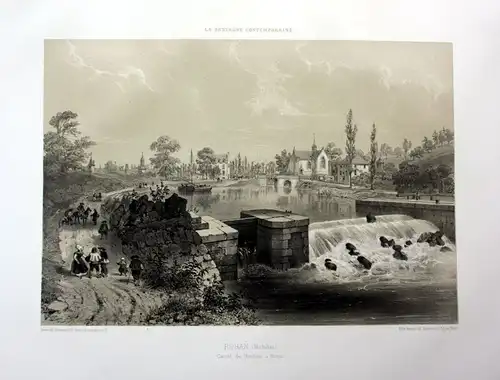 Ca. 1870 Canal de Nantes a Brest Rohan Bretagne France estampe Lithographie