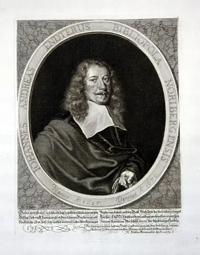 Ca. 1680 Johann Andreas Endter Buchhändler Nürnberg Kupferstich Portrait Kilian