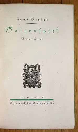 1922 Hans Bethge Saitenspiel Gedichte Erste Ausgabe Gyldendalscher Verlag