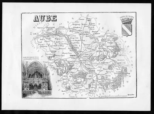 1860 - Aube Troyes Frankreich France Departement Karte map Holzstich