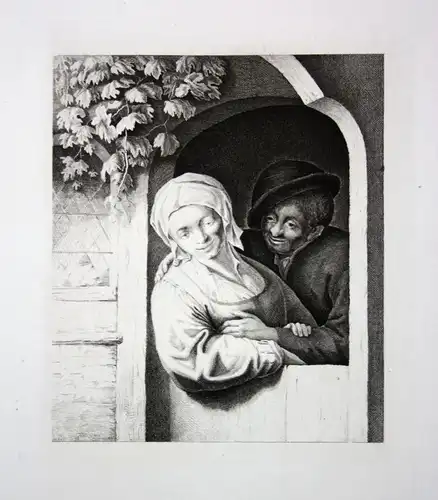 Ca. 1800 Frau Mann Fenster Weinrebe man woman window wine Kupferstich engraving