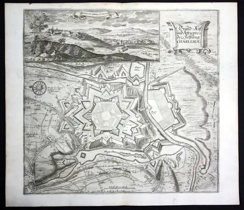 1700 Charleroi carte gravure Belgique Karte map Kupferstich antique print Merian