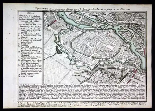1759 Breslau Wroclaw Polska siege Karte Schlacht map Kupferstich antique print