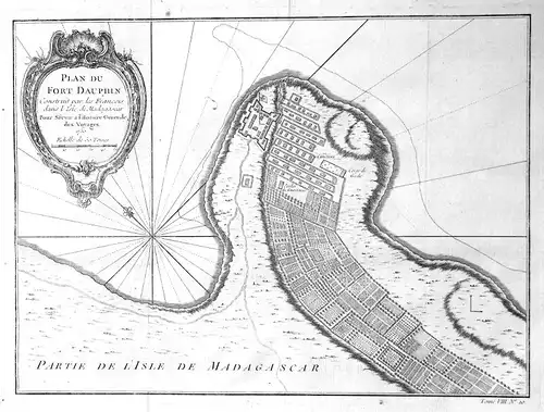 1750 Tolagnaro Tolonaro Madagascar Karte map Kupferstich antique print Bellin