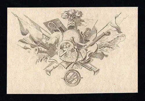 Ornament Waffen Flaggen Weltkugel Malerei Kupferstich antique print ca. 1700