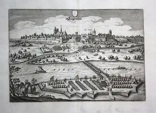 1679 Tangermünde Elbe Lager plan Ansicht view Kupferstich antique print Merian