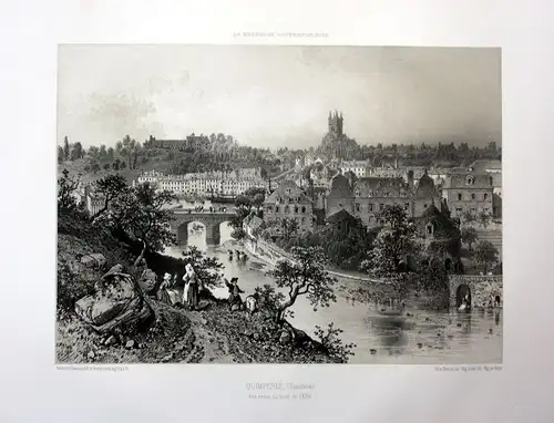 1870 Quimperle Elle riviere vue Bretagne France estampe Lithographie lithograph