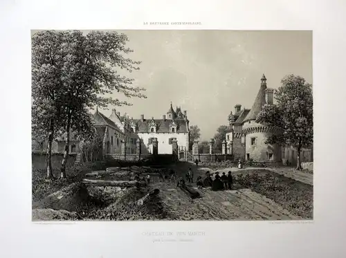 Ca. 1870 Chateau Penmarch vue Bretagne France estampe Lithographie lithograph