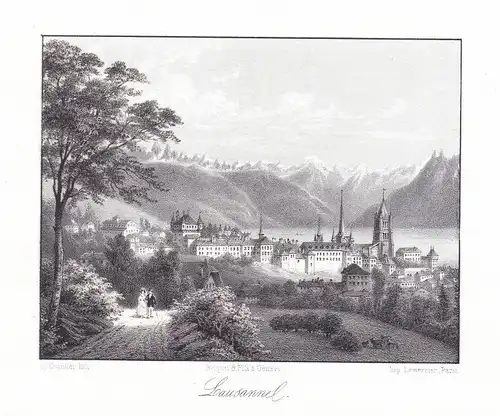 Lausanne Schweiz Suisse Ansicht vue Panorama 1840 Cuvillier Farblithographie