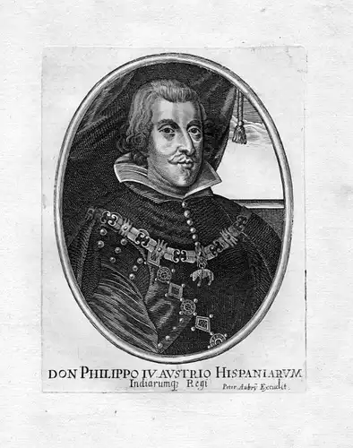 Ca. 1650 Felipe IV de Espana rey king Portrait Kupferstich antique print Aubry