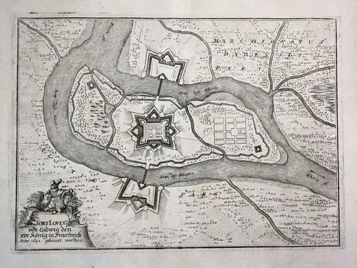 1698 Fort-Louis France gravure plan carte map Kupferstich antique print Merian