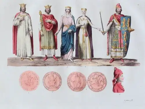 1825 - Frankreich Könige Mittelalter Rois Aquatinta aquatint antique print