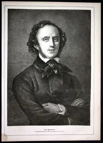 Ca 1880 Felix Mendelssohn Bartholdy Komponist Pianist Portrait Holzstich antique