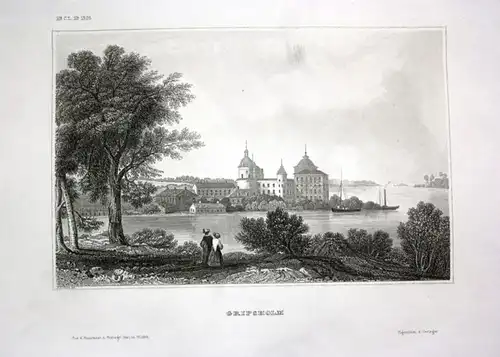 Ca. 1840 Schloss Gripsholm Svenska Schweden Ansicht view Stahlstich engraving