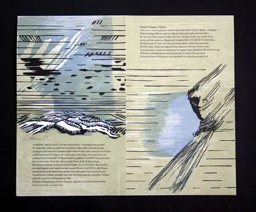 1981 Wolfgang Huss Linolschnitt zu Erzählung "Der Traum des Pelegrin" signiert